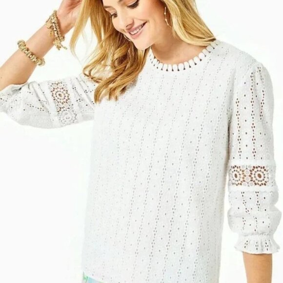 LILLY PULITZER Jordana Cotton Eyelet Blouse Top White Size 2 Resortwear Vacation - Picture 1 of 11